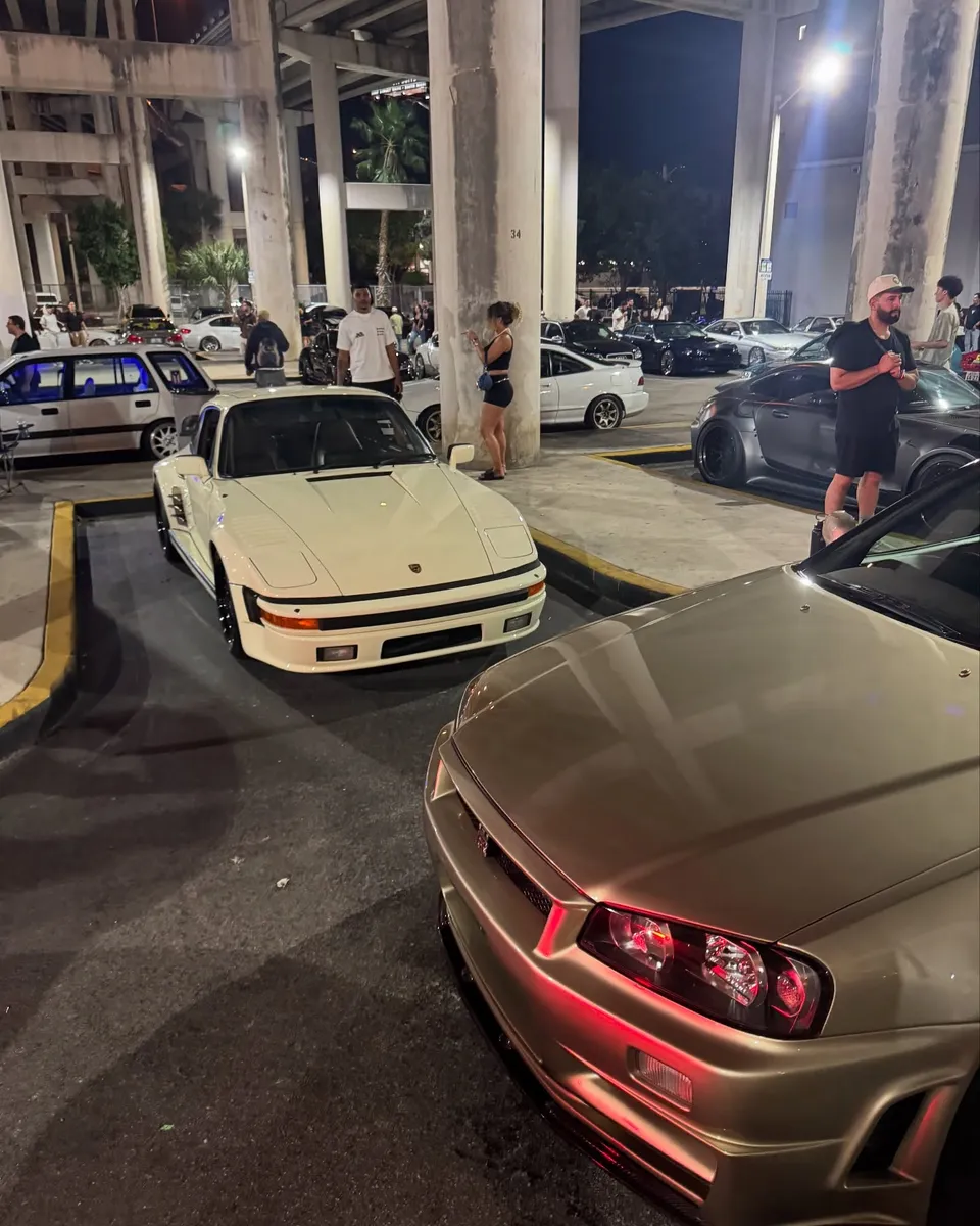 Night car meet under the overpass